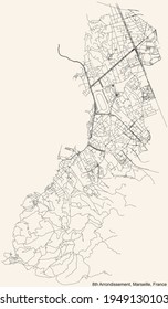 Street roads map of the 8th Arrondissement (Bonneveine, Les Goudes, Montredon, Perier, La Plage, La Pointe Rouge, Le Rouet, Sainte-Anne, Saint-Giniez, Vieille Chapelle) of Marseille, France