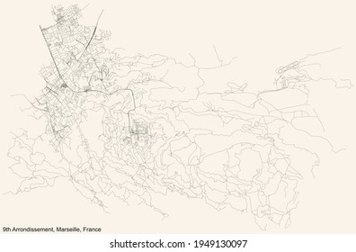 Street roads map of the 9th Arrondissement (Les Baumettes, Le Cabot, Carpiagne, Mazargues, La Panouse, Le Redon, Sainte-Marguerite, Sormiou, Vaufrèges) of Marseille, France