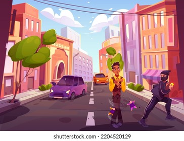 Street Robbery Cartoon Vector Illustration. Gangster In Black Outfit And Face Mask Stealing Golden Ring From Tied Up Confused Man. Urban Background With Museum Building, Skyscrapers, Cars. City Crime