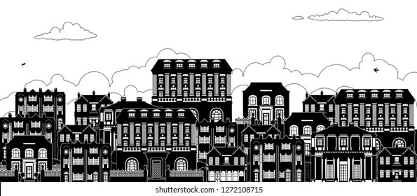 A street with a row of houses in Victorian, Georgian and Edwardian styles in silhouette