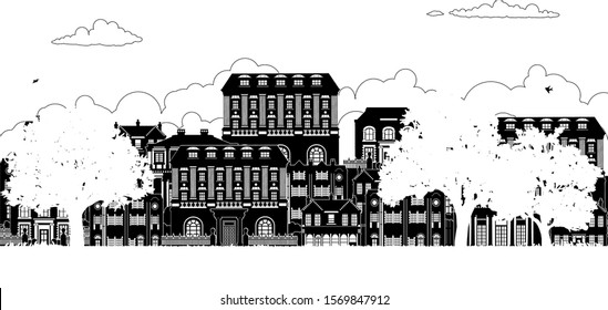 A street with a row of houses in Victorian, Georgian and Edwardian styles in silhouette with a park and trees in the foreground