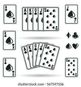 Street or Royal Flush, combination of game cards in poker game from aces to ten, different suits isolated on white background, vector