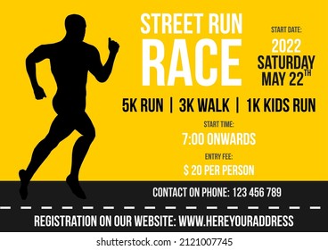 Street Run Race Vector Flyer, Label With Black Runner Silhouette On Yellow Background