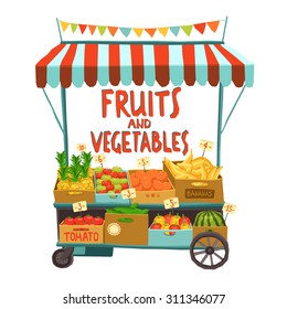 Street sale cart with fruits and vegetables cartoon vector illustration