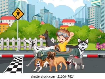 Street scene with a boy riding a car with many dogs illustration