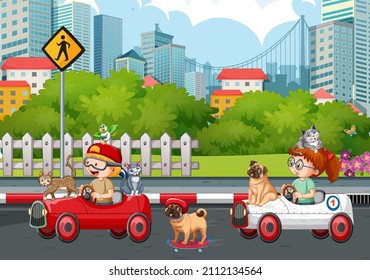 Street scene with a boy riding a car with their animals illustration