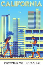 Street scene in California, USA. Travel poster. Handmade drawing vector illustration.