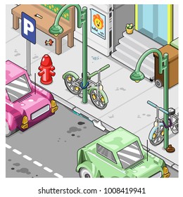 Street scene with city architecture. Cars parking on curb, bikes locked to lamps (vector illustration)