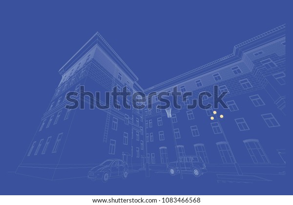 Street scene. The facade\
of the building is 50 years, yard, 3D, perspective, blueprint.\
Vector