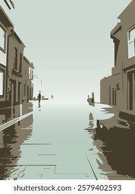 
street scene illustration.  water reflects buildings and sky. The buildings appear old and dilapidated, with broken windows and collapsed walls. Several people are walking down the street.