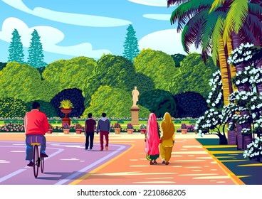 Street scene with people, park, palms, trees and flowers. Handmade drawing vector illustration. Retro style poster.