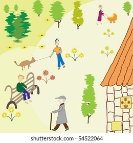 Street scene with people, trees, flowers and dog