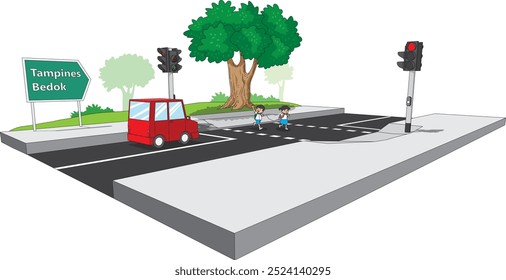 A street scene shows a red car stopped at a traffic light. Two kids are crossing at a marked crosswalk, with one of them waving to thank the driver. 'Tampines' and 'Bedok' are towns in Singapore.