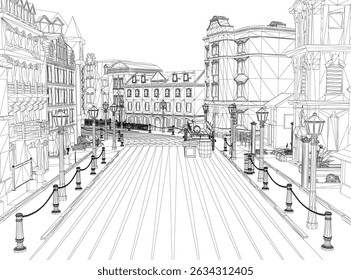 A street scene with a sidewalk and a row of street lamps. The street is empty and the buildings are tall