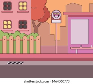 A street scene of a small town with a sunset. Cute children cartoon movie style background illustration. hand drawn style vector design illustrations. 