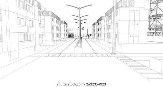A street scene with a tall street light in the middle. The street is empty and the buildings are tall