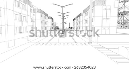 A street scene with a tall street light in the middle. The street is empty and the buildings are tall