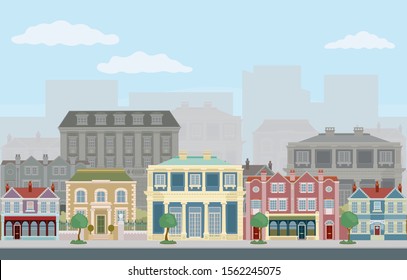 A street scene with victorian and georgian style houses, shops and other buildings. Seamlessly tilable so you can make longer images.