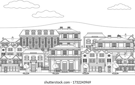 Street scene with Victorian and Georgian style houses, shops and other buildings in outline like a coloring book page illustration