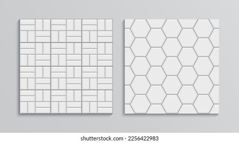 Street seamless pattern. Paved floordouble print. Garden mosaic texture. Set slab pavement. Paver tile patio. Old stone surface. Decorative cobblestone background. Vector illustration