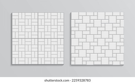 Street seamless texture. Slab pavement. Paved floor pattern. Set of paver tiles. Decorative sidewalk. Subway backdrops. Stone surface. Mosaic outdoor background. Vector illustration