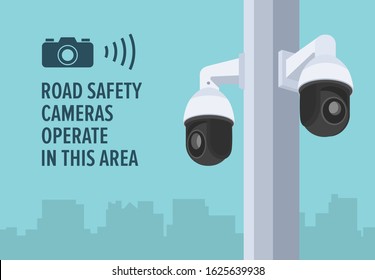 Street security surveillance or road safety cameras. Close-up view. Flat vector illustration template.