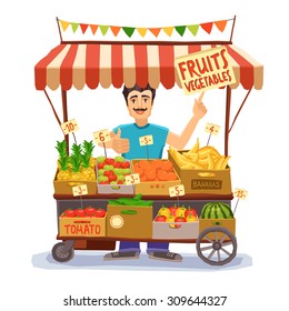 Street seller with stall with fruits and vegetables vector illustration