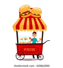 Street selling burgers, vector cartoon comic illustration, mobile retro shop with burgers, selling fast food on the street, comic boy street vendor  hamburger