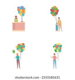 Street selling icons set cartoon vector. Man and woman selling colorful balloon. Amusement park