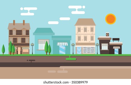 street shop building flat illustration town street old vintage mall store