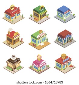 Street Shop Building Set. Isolated Isometric Cafe, Restaurant, Book Store Icons. Retail Shop Facades Design Vector Illustration