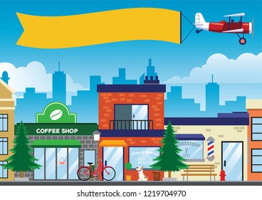 street and shop in the city in flat vector style