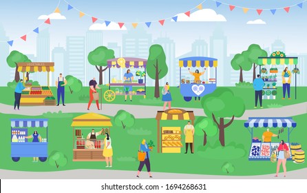 Street shop market vector illustration. Cartoon flat people shopping, woman man characters with shopper bag buying food, flowers at outdoor kiosk stall. City summer fair marketplace, retail background