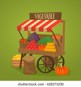 Street shop on wheels with vegetables and fruits. Vector illustration.