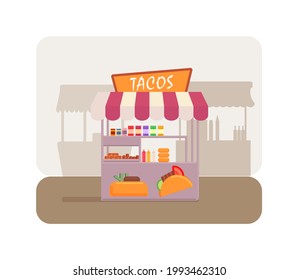 Street shop selling spicy tacos mexican fast food snack