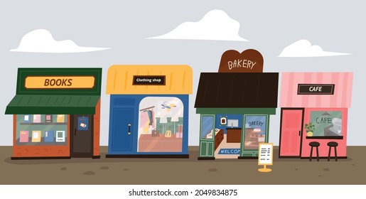 street shops. Bookstore, clothing store, bakery, cafe. flat design style vector illustration.