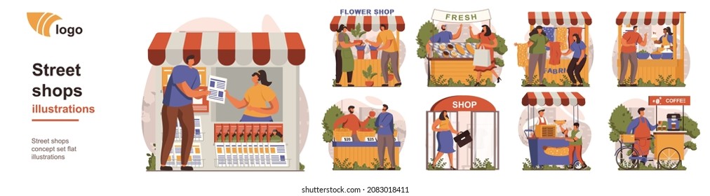 Street shops concept isolated person situations. Collection of scenes with people buy newspapers, flowers, fresh food, fast food or coffee in stores. Mega set. Vector illustration in flat design