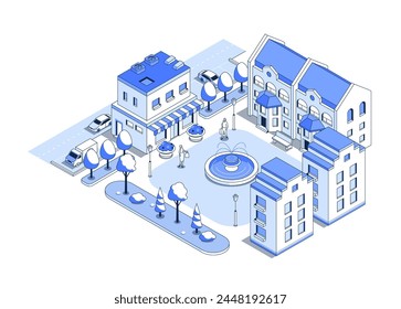 Straße mit Läden und Brunnen - Vektorgrafik isometrische Illustration. Lebhaftes Stadtzentrum mit Einkaufsmöglichkeiten und Wohnhäusern. Straße mit Autos und Fußgängern. Parkbäume und städtische Sommertagsidee