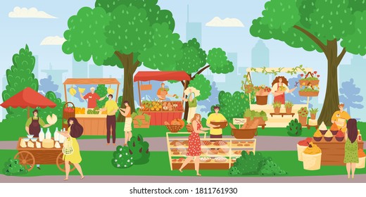 Street shops market, people selling and shopping at walking street vector illustration. Bakery food truck, flowers shop, fruits and vegetables stall. Marketplace of kiosks with products, customers.