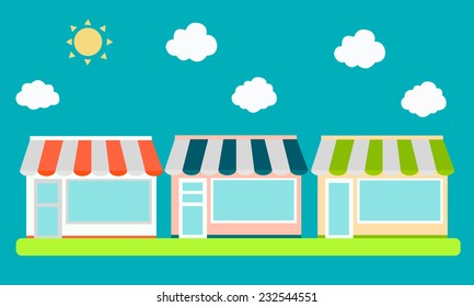 Street with shops on the background of blue sky with the sun. Vector illustration 