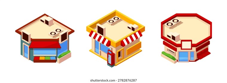Street shops with panoramic windows and awnings, ventilation units and signage. Vector small urban retail environment and modern design. Commerce and citylife, urban architecture and business