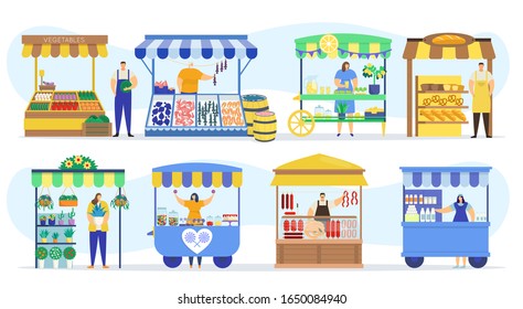 Street shops stall market, vendor booths and farm market food counters vector flat cartoon icons set, vector illustration. Vegetables, fish store, bakery kiosk and meat shop street fair marketing.