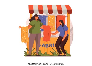 Street shops web concept in flat design. Woman sells fabrics for sewing clothes and curtains in street fabric store. Buyer chooses goods in showcase kiosk. Vector illustration with people scene