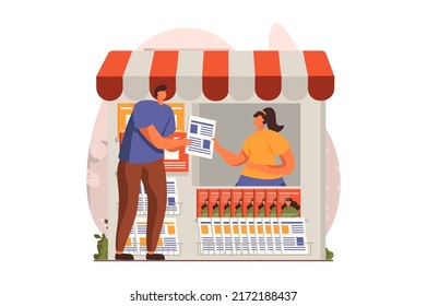 Street shops web concept in flat design. Man buys new newspaper in street newsstand. Woman sells latest press, magazines and paper mass media in showcase kiosk. Vector illustration with people scene