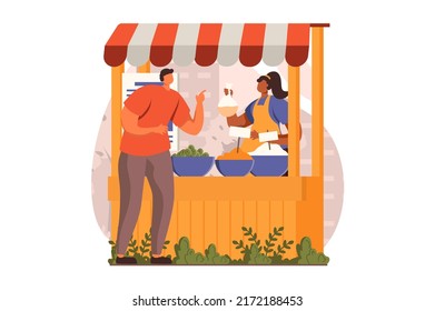 Concepto web de tiendas callejeras de diseño plano. Una mujer vende especias y sazones en el puesto de la calle en el bazar. El hombre elige ingredientes para cocinar en el quiosco de escaparate. Ilustración vectorial con escena de personas
