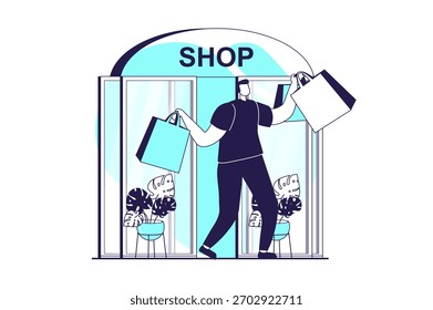 Street shops web concept with flat people for website design. Man with shopping bag standing in entrance of store showcase, buys in boutique showroom, small business with trading. Vector illustration.