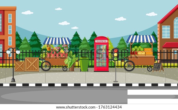 Street side scene with flower cart and fruit\
cart scene illustration