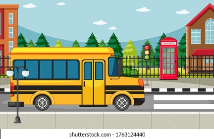 Escena de la calle con el autobús escolar en la ilustración de la escena de la carretera