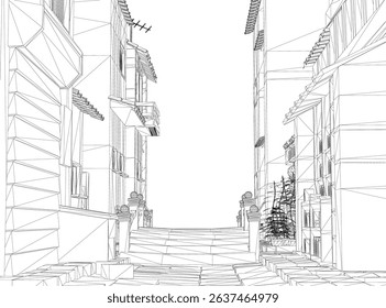 A street with a sidewalk and a building with a balcony. The street is empty and the sky is clear