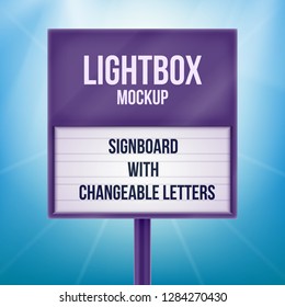 Street sign board with lightbox and changeable letters. Retro banner for your projects or advertising. Light banner, vintage billboard or bright signboard. Cinema or theater light box frame for ads.